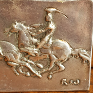Solid Silver Pictorial Relief Tablet Plaque Stylised Horse Riders Signed Antique