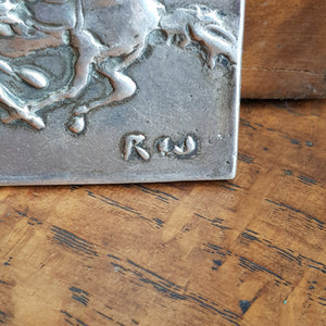 Solid Silver Pictorial Relief Tablet Plaque Stylised Horse Riders Signed Antique