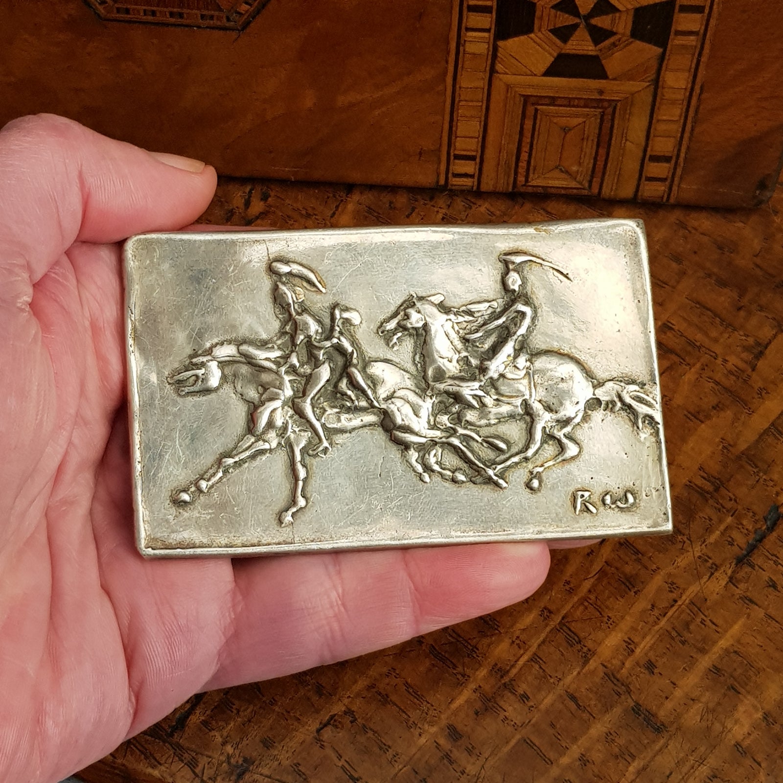 Solid Silver Pictorial Relief Tablet Plaque Stylised Horse Riders Signed Antique