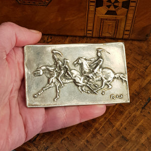 Solid Silver Pictorial Relief Tablet Plaque Stylised Horse Riders Signed Antique