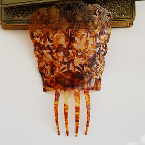 Hand Cut Etched And Pierced Celluloid Hair Comb Antique Edwardian Circa 1905