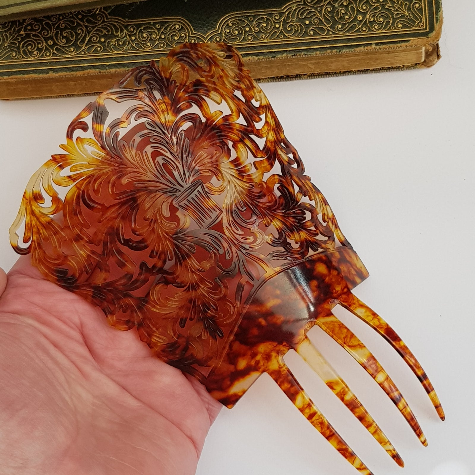 Hand Cut Etched And Pierced Celluloid Hair Comb Antique Edwardian Circa 1905