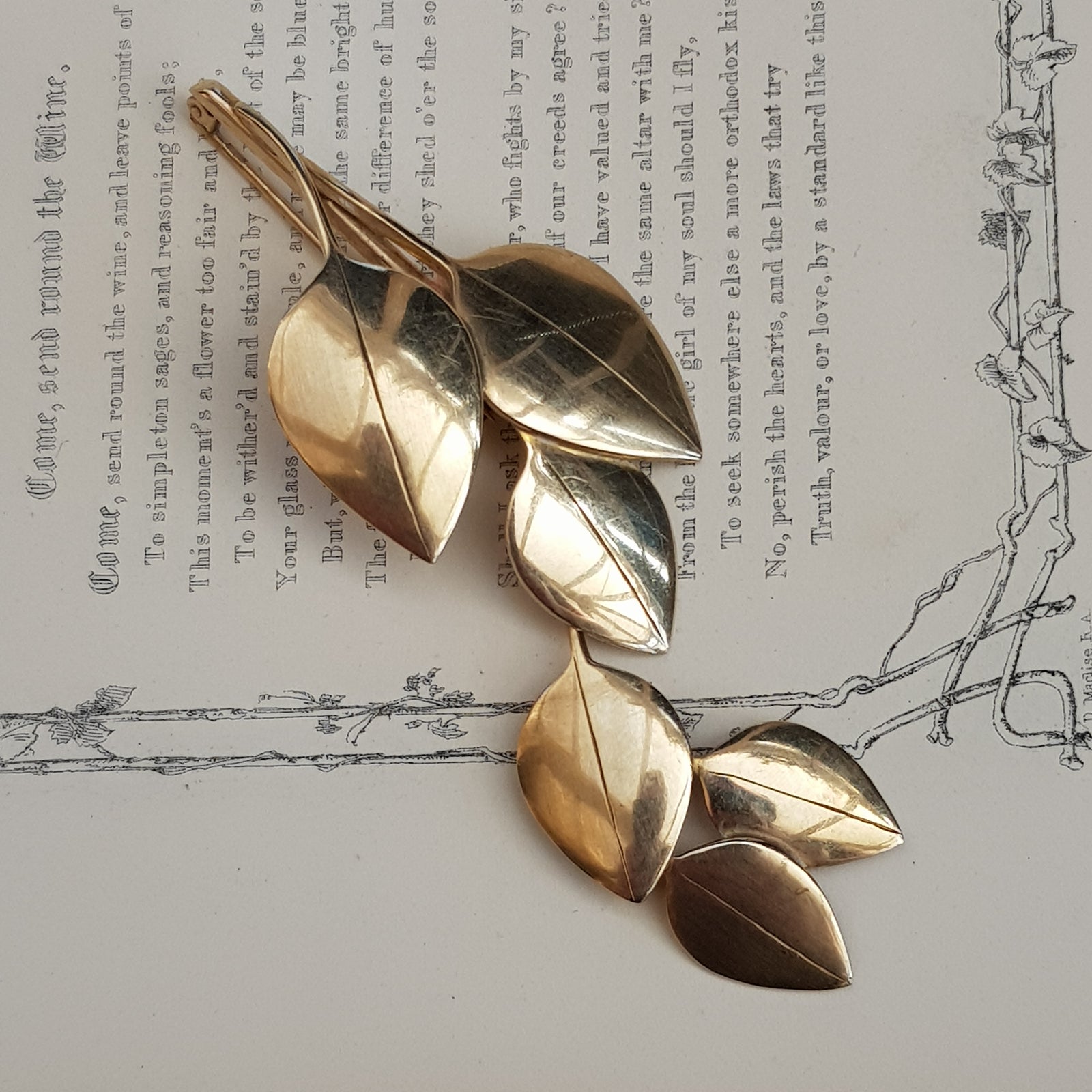 9k Yellow Gold Designer Brooch As Sprig Of Rose Leaves Ivan Tarratt Birmingham Circa 1968