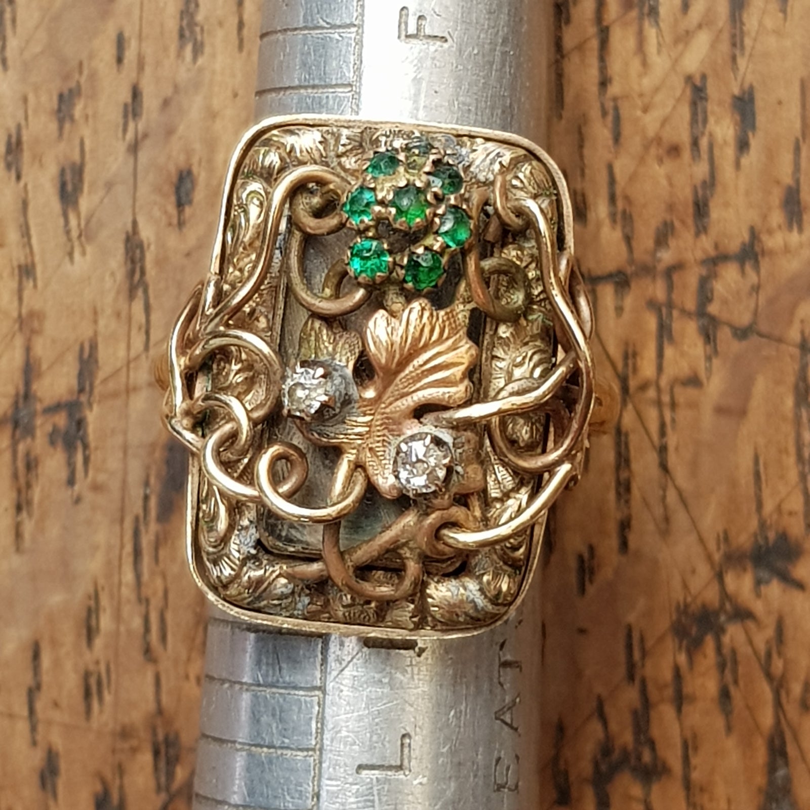 9k Gold Diamond & Emerald Large Setting Mourning Ring UK O Antique Circa 1838