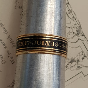 18k Gold Black Enamel Memento Mori Ring Size UK S Antique Georgian London Circa 1808