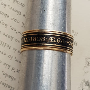 18k Gold Black Enamel Memento Mori Ring Size UK S Antique Georgian London Circa 1808