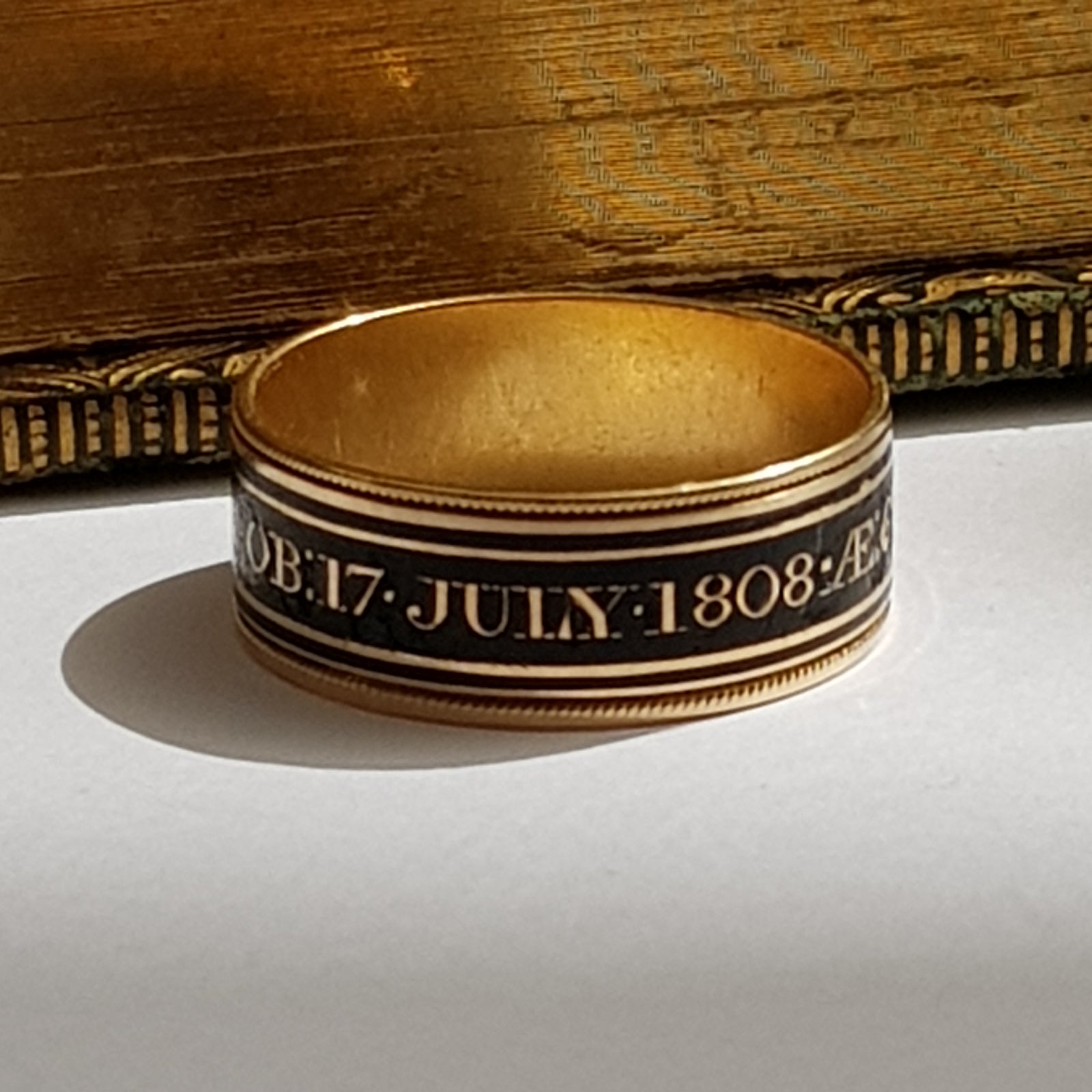 18k Gold Black Enamel Memento Mori Ring Size UK S Antique Georgian London Circa 1808