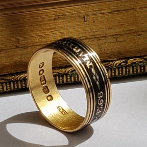 18k Gold Black Enamel Memento Mori Ring Size UK S Antique Georgian London Circa 1808