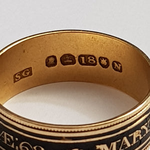 18k Gold Black Enamel Memento Mori Ring Size UK S Antique Georgian London Circa 1808