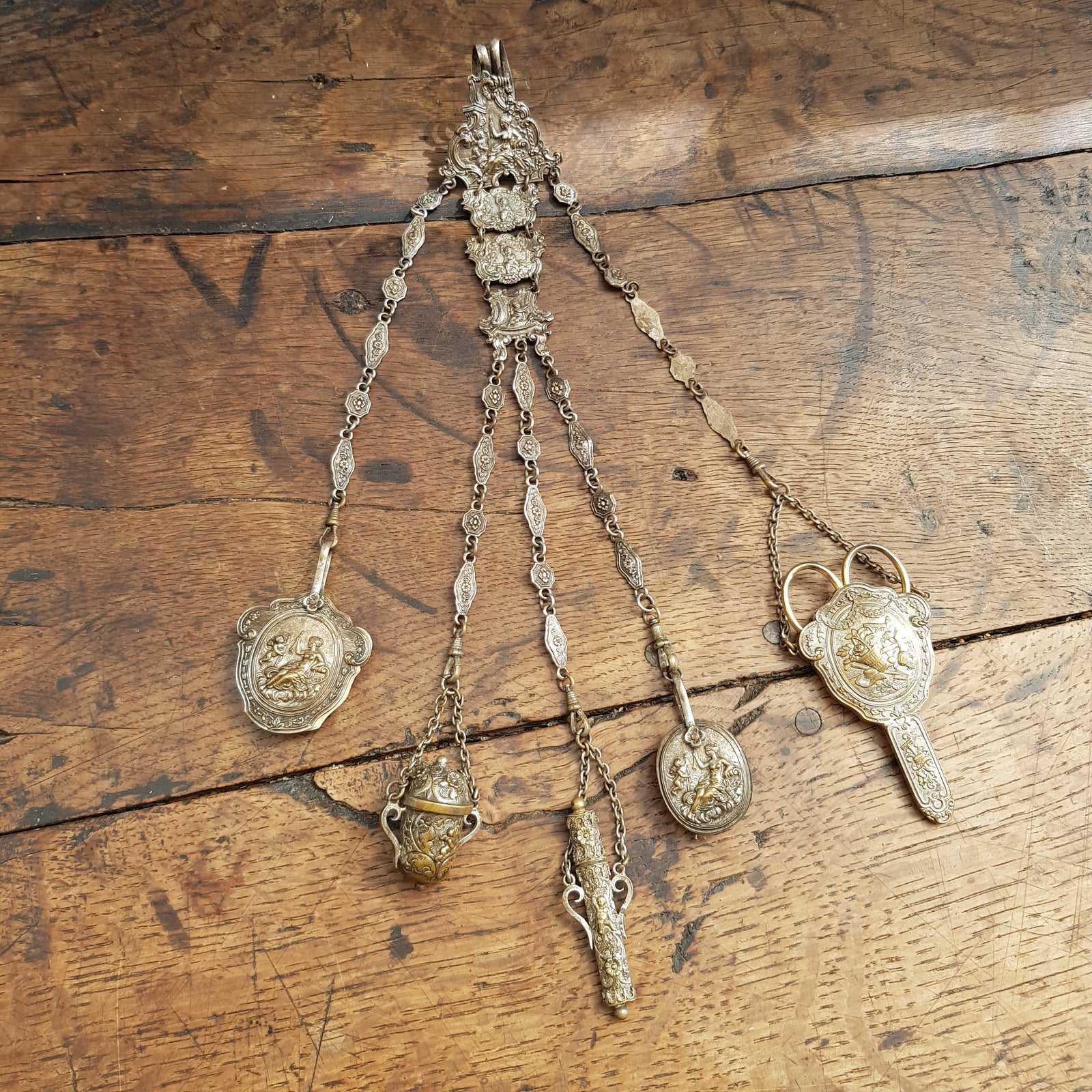 Silver Plated Cherub Goddess Floral Themed 5 Piece Chatelaine Antique Circa 1880's