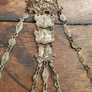 Silver Plated Cherub Goddess Floral Themed 5 Piece Chatelaine Antique Circa 1880's
