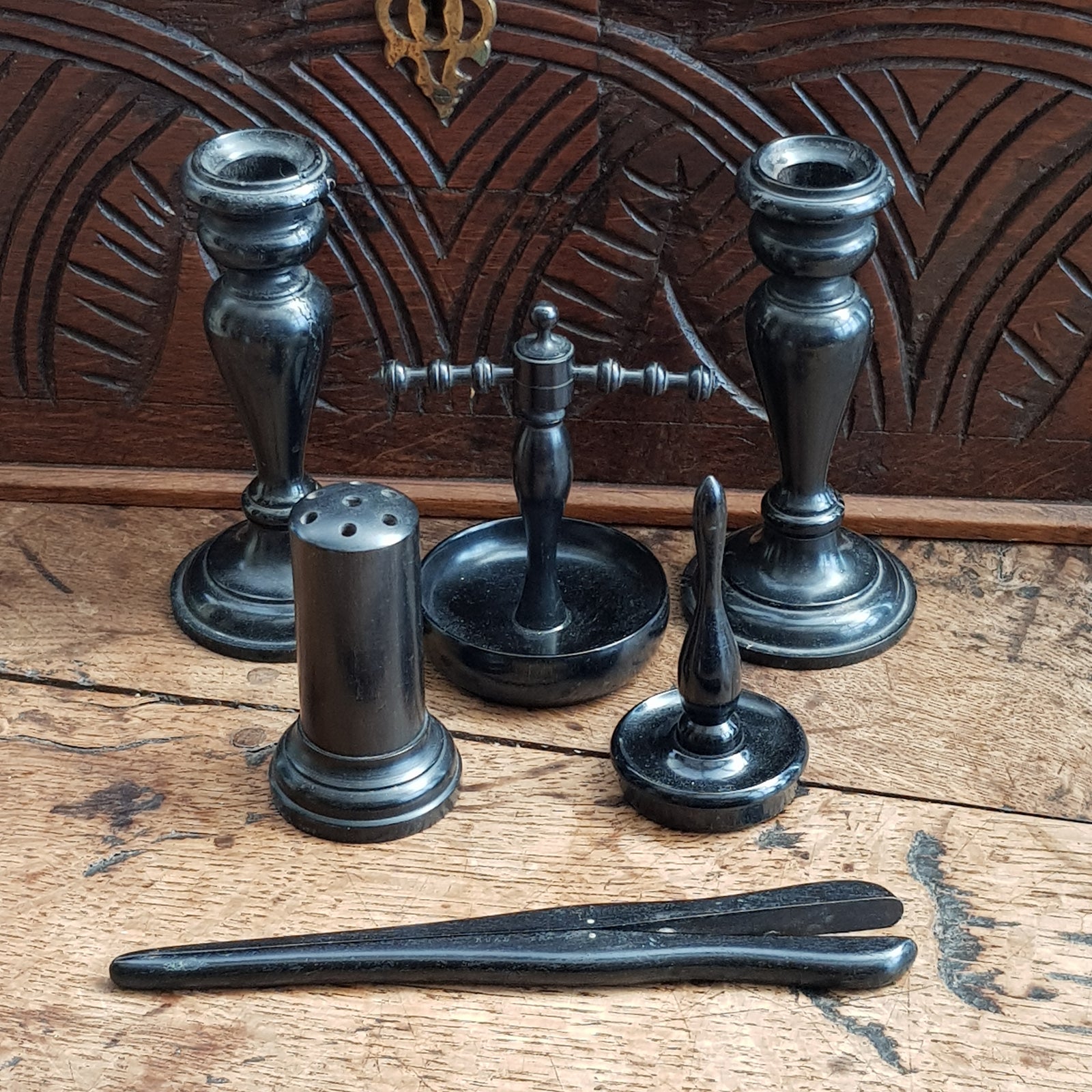 Solid Ebony Dressing Table Suite Candlesticks/Hat Pin Stand/Ring Tree/Glove Stretchers/Jewellery Stand Antique Circa 1900