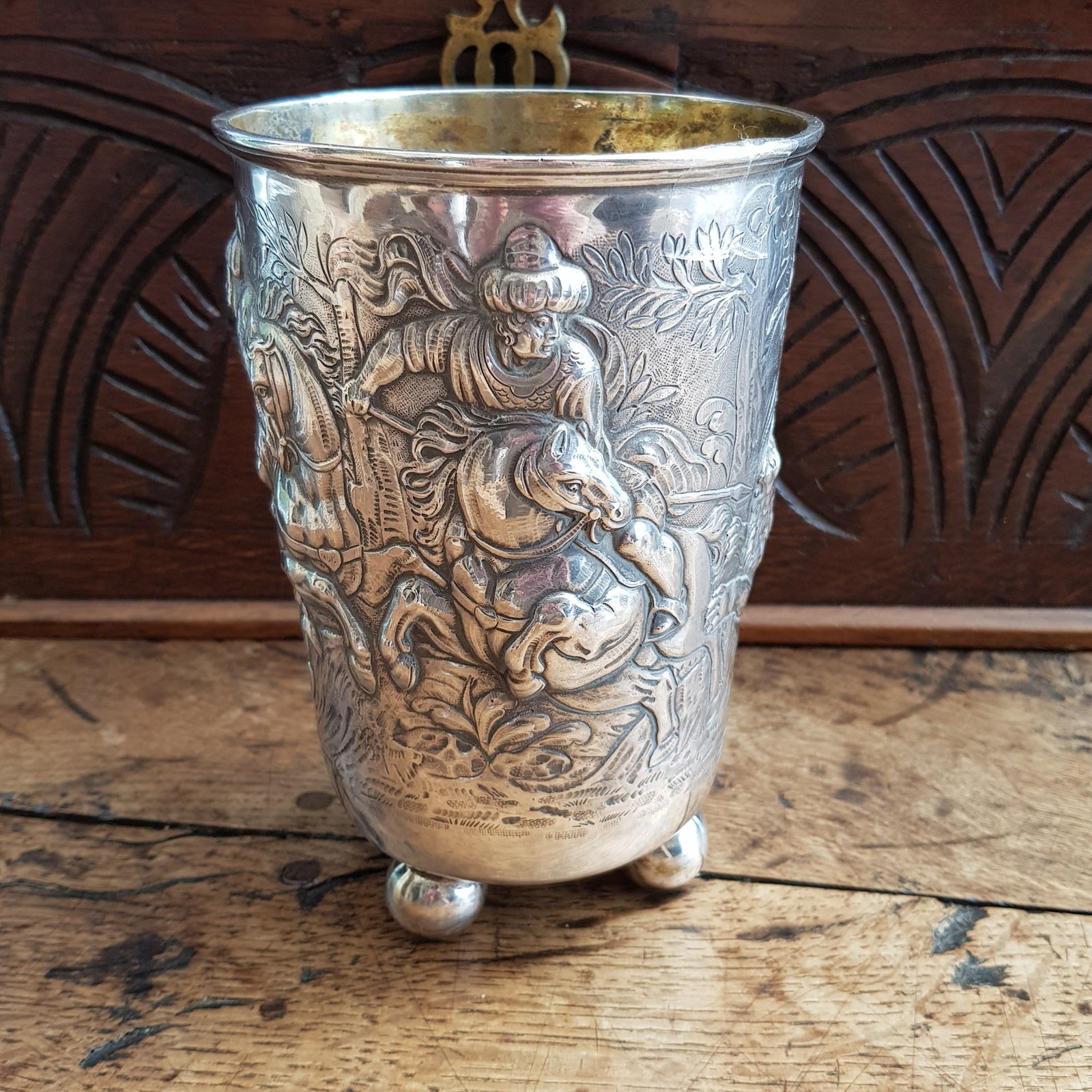 Rare German Silver Repousse Vase Ottoman Hunting Lions Pictorial Scene JD Schleissner & Sohne Antique Circa 1900