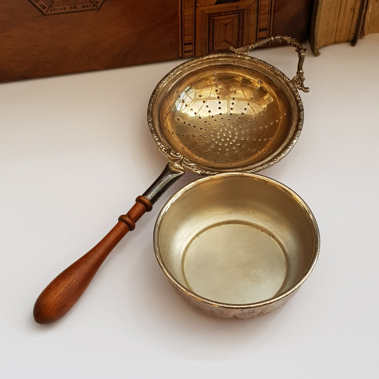 Sterling Silver Ornate Tea Strainer With Drip Bowl Vintage Birmingham circa 1962