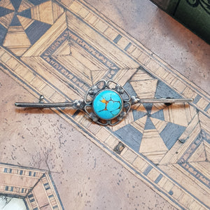 Sterling Silver Matrix Turquoise Cabochon Flower Bar Brooch Antique Circa 1920