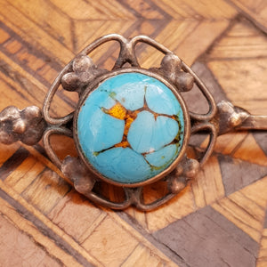 Sterling Silver Matrix Turquoise Cabochon Flower Bar Brooch Antique Circa 1920