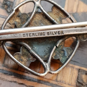 Sterling Silver Matrix Turquoise Cabochon Flower Bar Brooch Antique Circa 1920