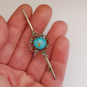 Sterling Silver Matrix Turquoise Cabochon Flower Bar Brooch Antique Circa 1920