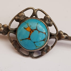 Sterling Silver Matrix Turquoise Cabochon Flower Bar Brooch Antique Circa 1920