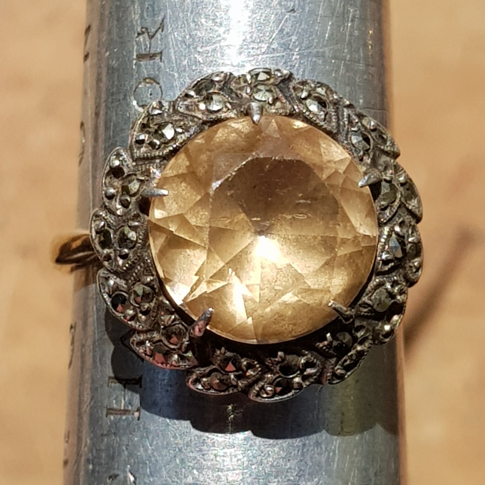 9k Gold Citrine Marcasite Daisy Style Ring Size UK P Vintage circa 1930's