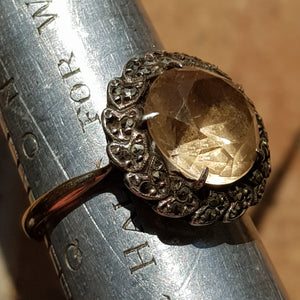 9k Gold Citrine Marcasite Daisy Style Ring Size UK P Vintage circa 1930's