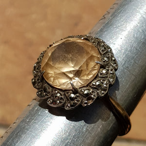 9k Gold Citrine Marcasite Daisy Style Ring Size UK P Vintage circa 1930's