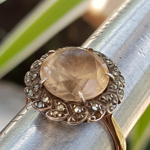 9k Gold Citrine Marcasite Daisy Style Ring Size UK P Vintage circa 1930's