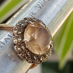 9k Gold Citrine Marcasite Daisy Style Ring Size UK P Vintage circa 1930's