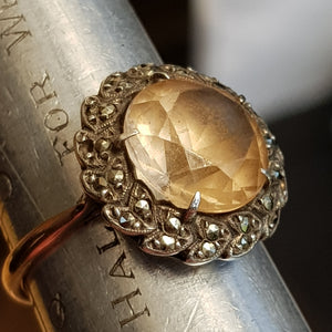 9k Gold Citrine Marcasite Daisy Style Ring Size UK P Vintage circa 1930's