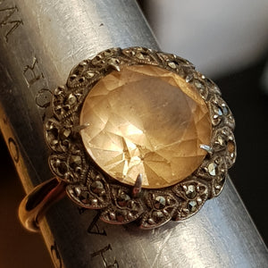 9k Gold Citrine Marcasite Daisy Style Ring Size UK P Vintage circa 1930's