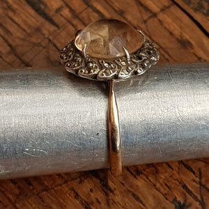 9k Gold Citrine Marcasite Daisy Style Ring Size UK P Vintage circa 1930's