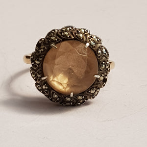 9k Gold Citrine Marcasite Daisy Style Ring Size UK P Vintage circa 1930's