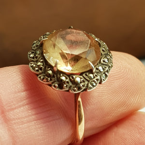 9k Gold Citrine Marcasite Daisy Style Ring Size UK P Vintage circa 1930's