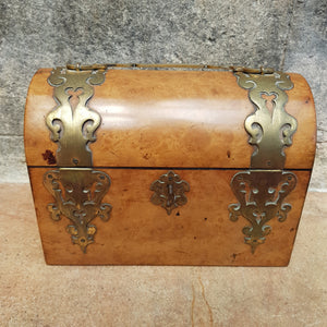Carved Walnut Brass Mounted Gothic Trove Style Box With Lock & Key Antique Circa 1880