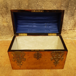 Carved Walnut Brass Mounted Gothic Trove Style Box With Lock & Key Antique Circa 1880