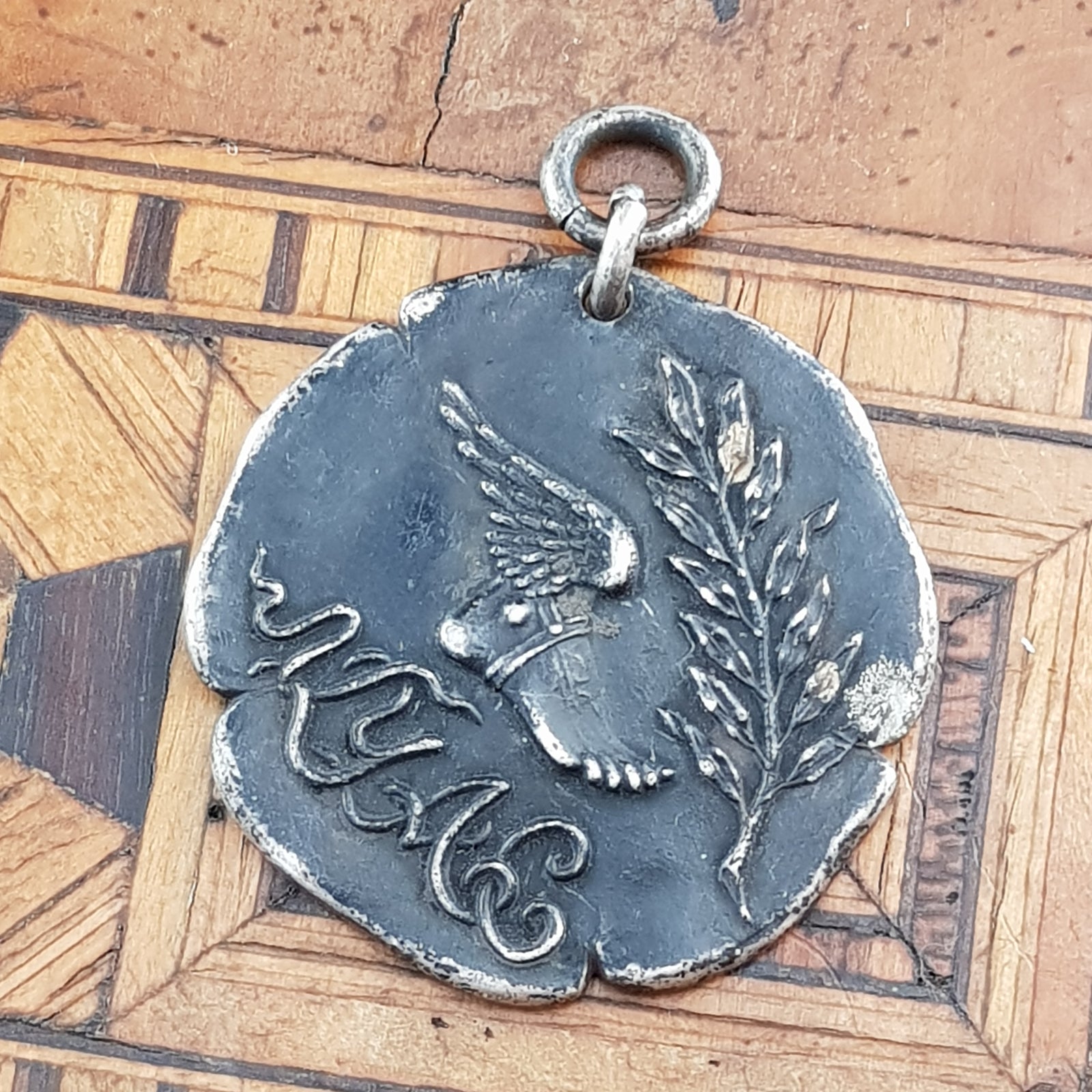 Superb Serling Silver Ornate Medal Fob Winter Games 2 Mile Relay Named Antique Edwardian Circa 1904