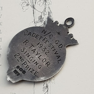 Sterling Silver Enamel Cadet Singing Prize Medal Named Antique Birmingham Circa 1925