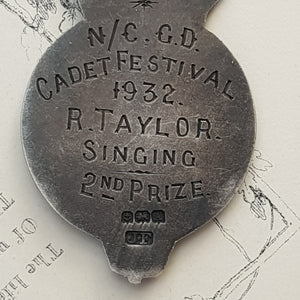 Sterling Silver Enamel Cadet Singing Prize Medal Named Antique Birmingham Circa 1925