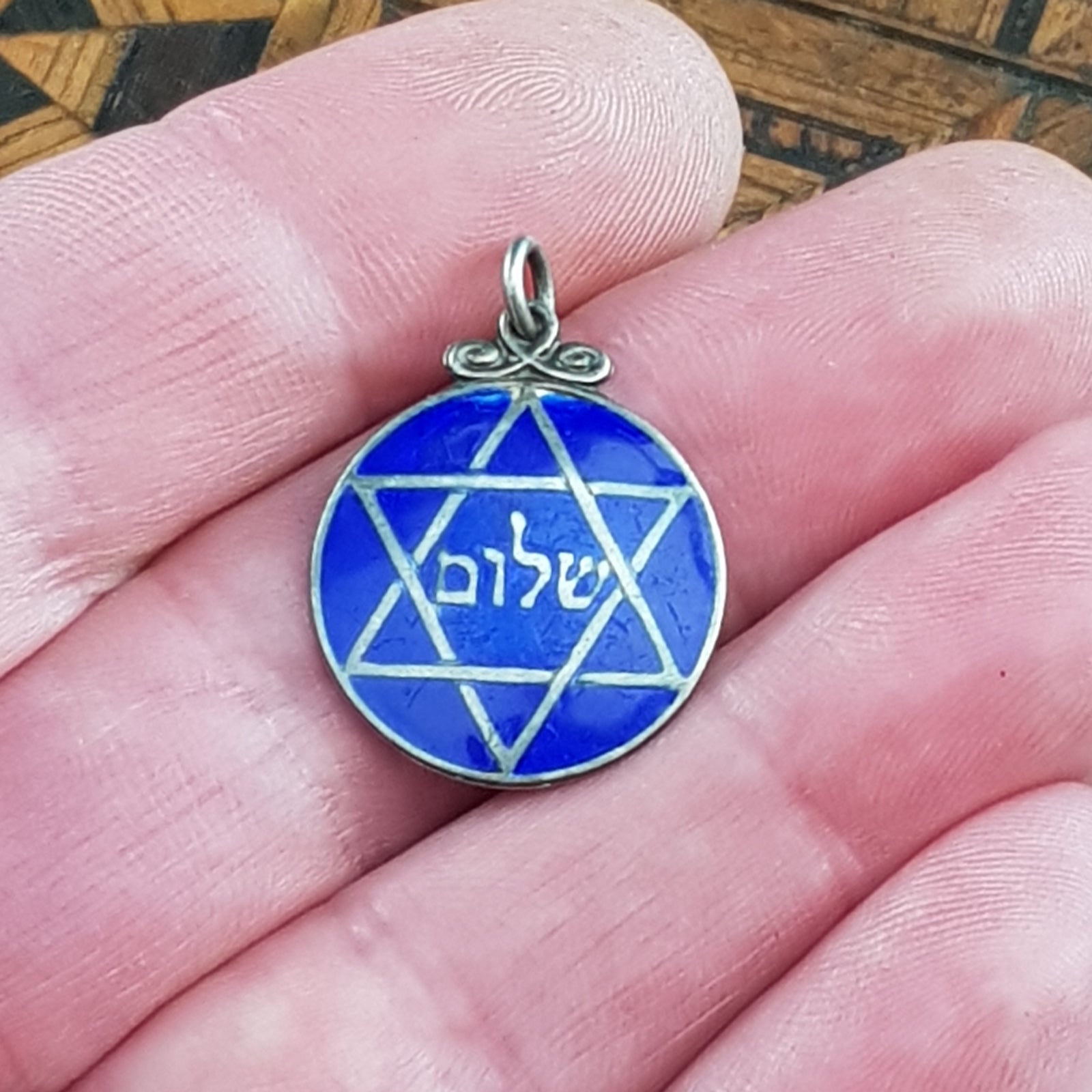 Sterling Silver Blue Enamel Star Of David Pendant Antique Birmingham circa 1920