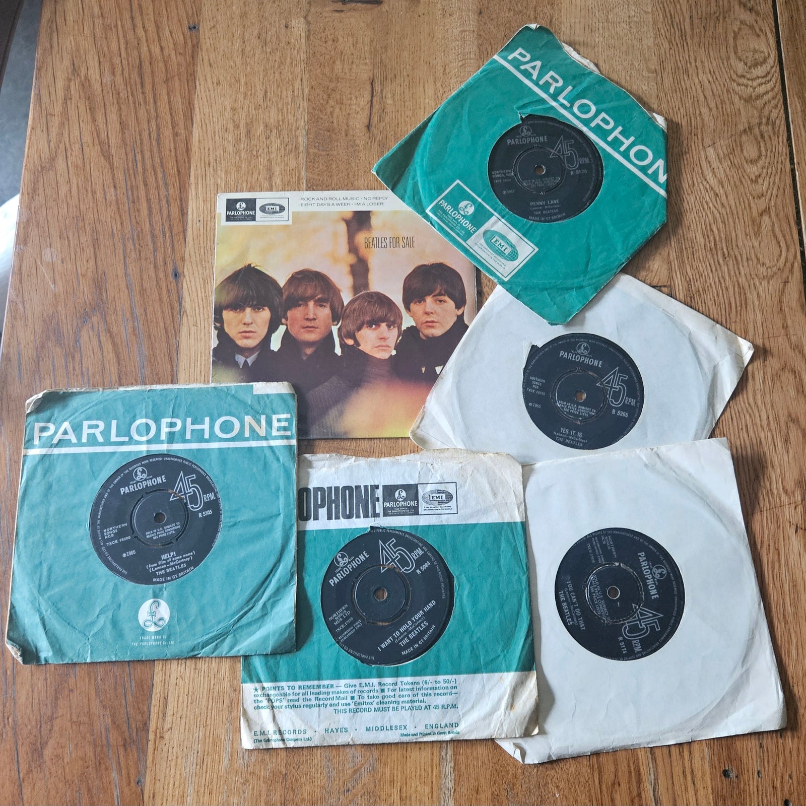 Set of 6 The Beatles Single Vinyl Records Vintage from the 1960s including Help, Penny Lane, Strawberry Fields Forever