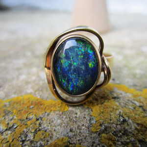 9 Ct Gold Black Opal Triplet Ring U.K. Size O Vintage c1990