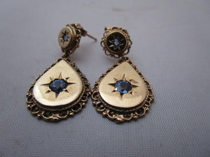 9K Gold And Blue Sapphire Spinel Dangling Drop Earrings Vintage c1970