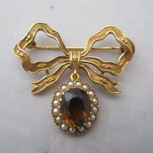 9K Gold Citrine And Seed Pearl Bow Brooch Pin Antique Victorian c1900