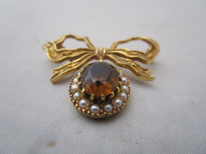 9K Gold Citrine And Seed Pearl Bow Brooch Pin Antique Victorian c1900
