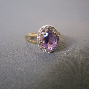 9Kt Gold Amethyst And Diamond Ring  size N Vintage c1970