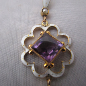 9k Gold Enamel Amethyst And Seed Pearl Pendant Necklace Antique Edwardian c1910