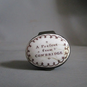 A Prefent From Cowbridge Pale Lilac Enamel Patch Box Antique Georgian c1840
