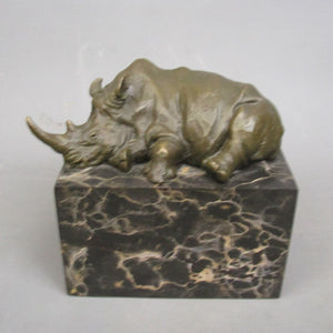 Bronze Reclining Rhinoceros On Italian Marble Sculpture Vintage Mid Century c1960