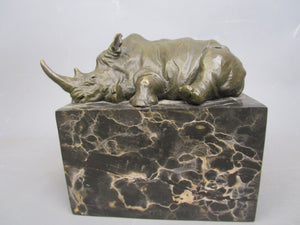 Bronze Reclining Rhinoceros On Italian Marble Sculpture Vintage Mid Century c1960