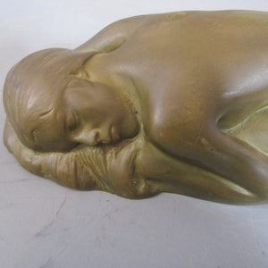 Carved Slate Sleeping Nude Lady Figurine With Bronzed Effect Vintage Art Deco c1930